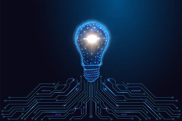 Smart technology and innovation technology concept with glowing light bulb and digital circuit board connections on dark blue background. Futuristic low poly style, abstract vector illustration.